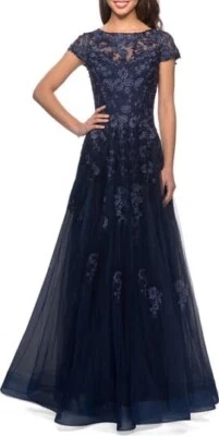 NWT LA FEMME Embellished Mesh A-Line Gown in Navy Size 14 Retail $619 - Image 1 of 4