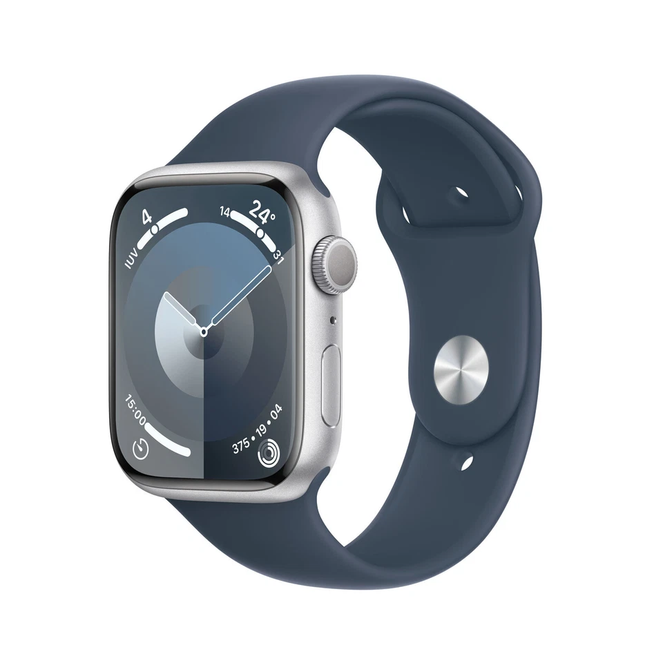 Apple Watch Series 9 45mm Aluminiumgehäuse mit Sturmblau Sportarmband - M/L (GPS) (MR9E3QF/A)