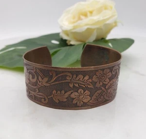 Vintage Handmade Genuine Solid Copper Floral Vine Relief Engraved Cuff Bracelet - Picture 1 of 14