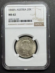 1848 A  AUSTRIA SILVER 20 KREUZER FERDINAND I NGC MS 62 - Picture 1 of 5