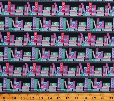 MOOK FABRICS Cotton Books and Paper Stacked Books Purple Fabric Print by Yard D584.71