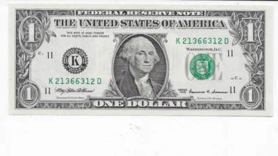 1999  $1  Federal Reserve Note  Kansas City District  NEAT SERIAL NUMBER   Unc. - Image 1 of 2