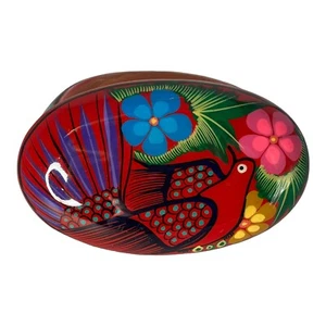 Mexican Pottery Red Trinket Box with Lid Bird Flowers Hand Painted - Picture 1 of 8