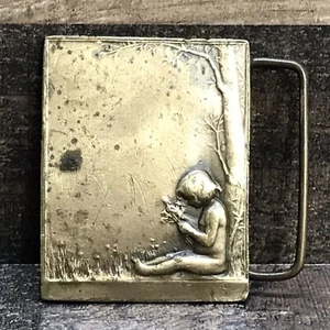 Vintage Child Picking Wildflowers Under Tree Brass Belt Buckle 1970’s-1980’s - Picture 1 of 8