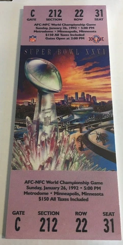 1992 Super Bowl 26 Mini-Mega Ticket Redskins VS Buffalo Bills 14 x 6" DM1 Cover