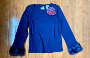 Janie and Jack Girl Size 5 Navy Long Sleeve Holiday Top With Fur Cuffs - Picture 1 of 1