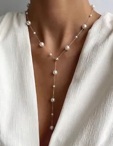Gold and pearl dainty necklace Y Lariat Chain - Picture 1 of 5