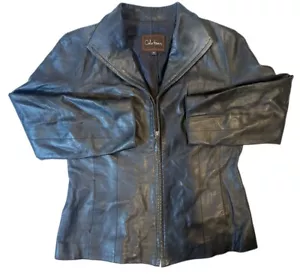 Cole Haan Lambskin Leather Jacket Women's Size 10 Wing Collar Black Full Zip - Picture 1 of 10
