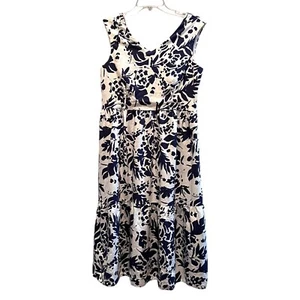 Magaschoni Linen Blend Dress Womens 10 Blue White Tropical Print VNeck Cap Slv - Picture 1 of 10