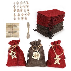 Christmas Advent Calendar Bag 24 Days Countdown Candy Pouch with Wooden Clip - Picture 1 of 7