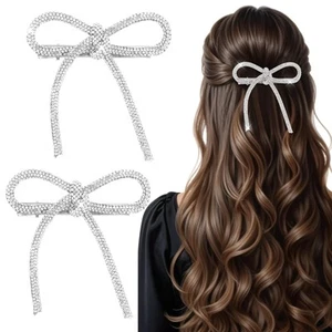 2PCS Rhinestone Bow Rhinestone Hair Clip Silver Hair Bow Metal for Women Girl... - Picture 1 of 7