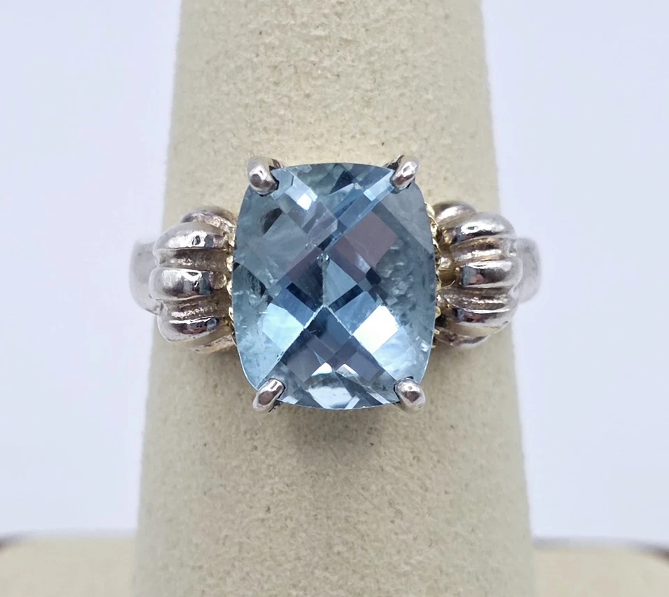 Anillo Topacio Azul Oro 18k Plata Esterlina Vintage Talla 7.25 Cóctel Foto 1 de 4