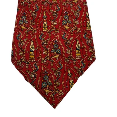 Salvatore Ferragamo 100 Corbata de Seda Rojo Figuras Medievales Pájaros Floral De Colección Italia Foto 1 de 4