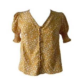 Top donna giallo shein con fiori bianchi manica a palloncino bottoni davanti scollo a V S - Foto 1 di 6