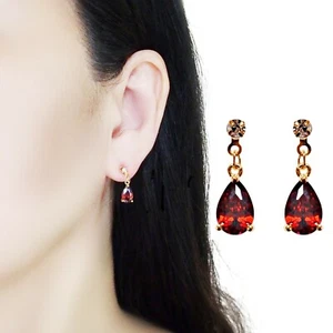 Dangle Red Teardrop Cubic Zirconia CZ Crystal Drop Invisible Clip On Earrings - Picture 1 of 9