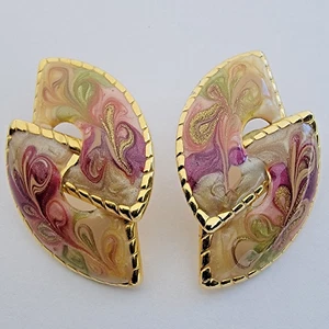 Vintage Floral-esque Earrings Sparkle Enamel Gold Tone Interlocking Oval Panels - Picture 1 of 6