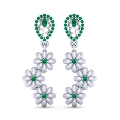 Solid White Gold Floral Wedding Earrings Created Green Emerald Dangle Earrings - Image 1 of 4
