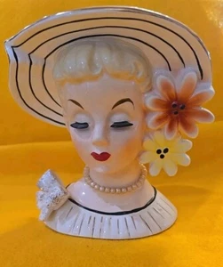 Relpo K860 Head Vase, Dress & Hat W/Gold Trim, Pearls, Coral & Yellow Flowers - Picture 1 of 14