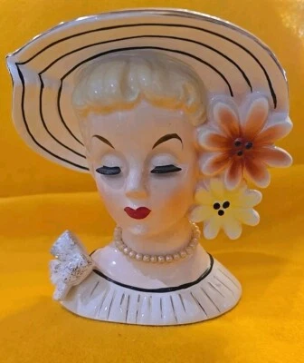Relpo K860 Head Vase, Dress & Hat W/Gold Trim, Pearls, Coral & Yellow Flowers - Image 1 of 4
