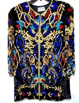 Abrigo de seda negro con cuentas colorido vintage SEQUINS ORIGINALES para mujer talla M/L. Foto 1 de 4