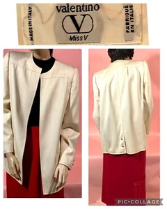 Vtg 80’s VALENTINO MISS V Cream Wool Jacket Blazer Size Large BIG Shoulder Pads - Picture 1 of 15