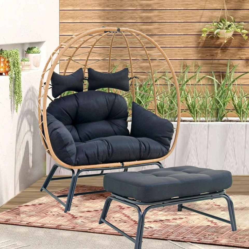 2 Persons Egg Chair Patio Wicker Oversized Lounger w/Stand Cushions Patio Chair - Image 1 of 4