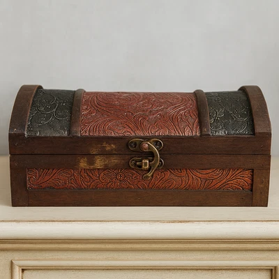 Vintage Wooden Jewelry Box Handmade Floral Pattern Bronze Trinket Trunk Storage - Image 1 of 4
