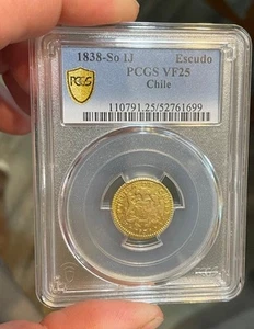 Chile - 1838 So IJ Gold Escudo (PCGS VF 25) - Scarce Type - Picture 1 of 6