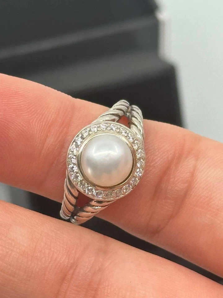Authentic david yurman women's pearl ring sterling silver and diamonds size 8 - Image 1 of 4