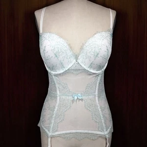 Victorias Secret Chantilly Lace Illusion Bustier Garter Top 34B White/Mint Green - Picture 1 of 10