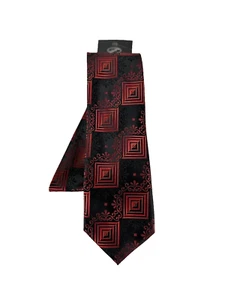 Fratello Men's Necktie & Hanky Set Black Red Plaid Polyester 3.5" Wide - Picture 1 of 5