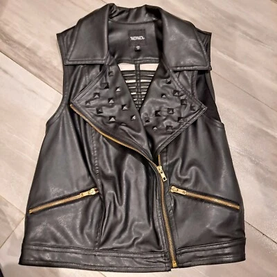  XOXO Vegano Imitación Cuero Negro Tachuelas Espalda Abierta Chaleco Dorado Cremallera Motociclista Motocicleta L Foto 1 de 4