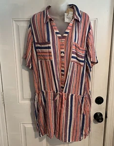 NEW Kori America Womens Striped Cora Romper, Waist Tie, Side Pockets, Size Large - Picture 1 of 11