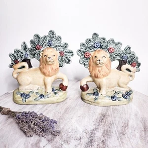 Staffordshire Lion Figurine Mantle Statue England Tree Flowers Majolica Vtg Pair - Picture 1 of 17