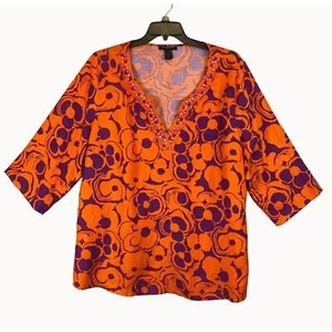 New Ashley Stewart Linen Blend Tunic Top Plus Sz 22 Orange/Purple Floral Beaded  - Picture 1 of 11