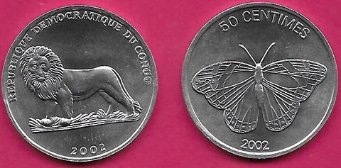 CONGO DEMOCRATIC REP 50 CENTIMES 2002 UNC BUTTERFLY,LION STANDING LOOKING FORWAR Cover