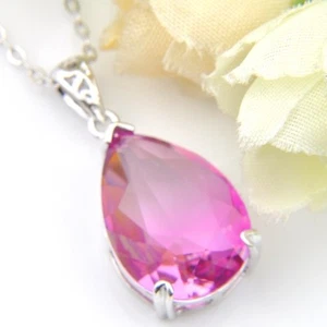 13x18mm Fire Drop Watermelon Bi-Colored Tourmaline Silver Pendant Chain Necklace - Picture 1 of 6
