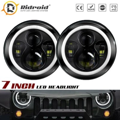 Pair Halo Angle Eyes 7" Inch Round LED Headlights For Jeep Wrangler JK TJ LJ CJ - Image 1 of 4
