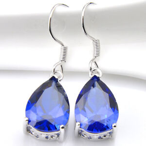 Elegant Jewelry Drop Swiss Blue Fire Topaz Gemstone Silver Dangle Hook Earrings