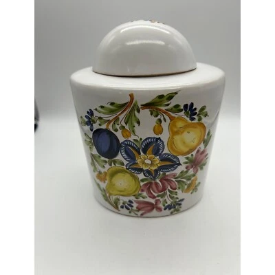 Italian Pottery Jar Canister With Dome Shaped Lid Hand Painted Floral and Fruit - Image 1 of 4