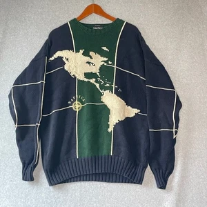 Suéter Mapa Vintage Y2K Nautica Tejido a Mano XXL Verde Azul Marino - Imagen 1 de 8