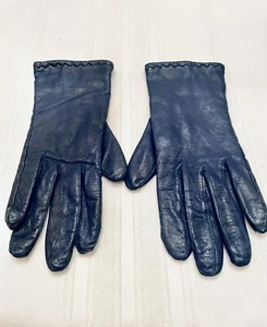 Women’s Navy Blue Leather Gloves Topstitch Detail Gathered Back Acrylic Lining M - Picture 1 of 13