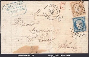 FRANCE N°55+60 SUR LETTRE AMB PAV2° + CONVOYEUR STATION CHEVILLON DU 23/09/1875 - Picture 1 of 2