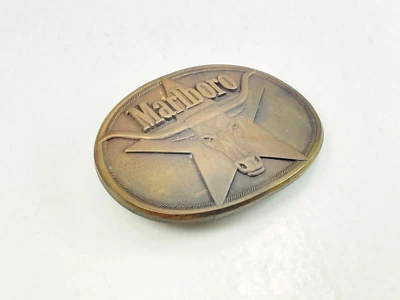 Vintage 1987 Brass Belt Buckle Steer Cow Bull Star Oval Marlboro Advertisement - Image 1 of 4