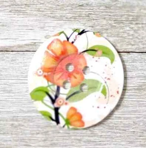 large heart wood sewing button 4 holes 2 inch orange green flower new - Picture 1 of 2