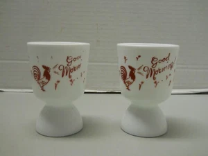 Hazel Atlas Milk Glass Double Egg Cup Red Roosters & Good Morning Set of 2 - Picture 1 of 9