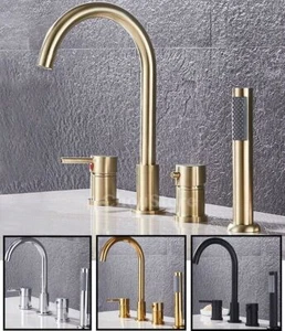 Grifo mezclador de ducha de baño dorado redondo de 4 orificios grifo fregadero de bañera relleno de bañera negro - Imagen 1 de 13