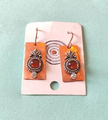 Mixed Metals Copper Sterling Silver Amber Glass Dangle Drop Earrings  - Image 1 of 4