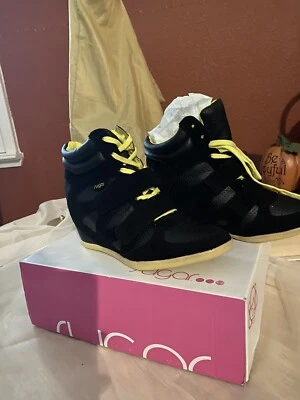 sugar Wedge Tennis Shoe Black/ Neon Yellow 7.5 High Tops. - Image 1 of 4