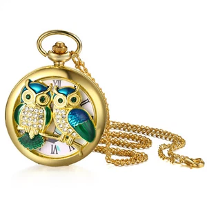 Women's Owl Decorated Quartz Pocket Watch Arabic Numeral Necklace Sweater Chain - Picture 1 of 7
